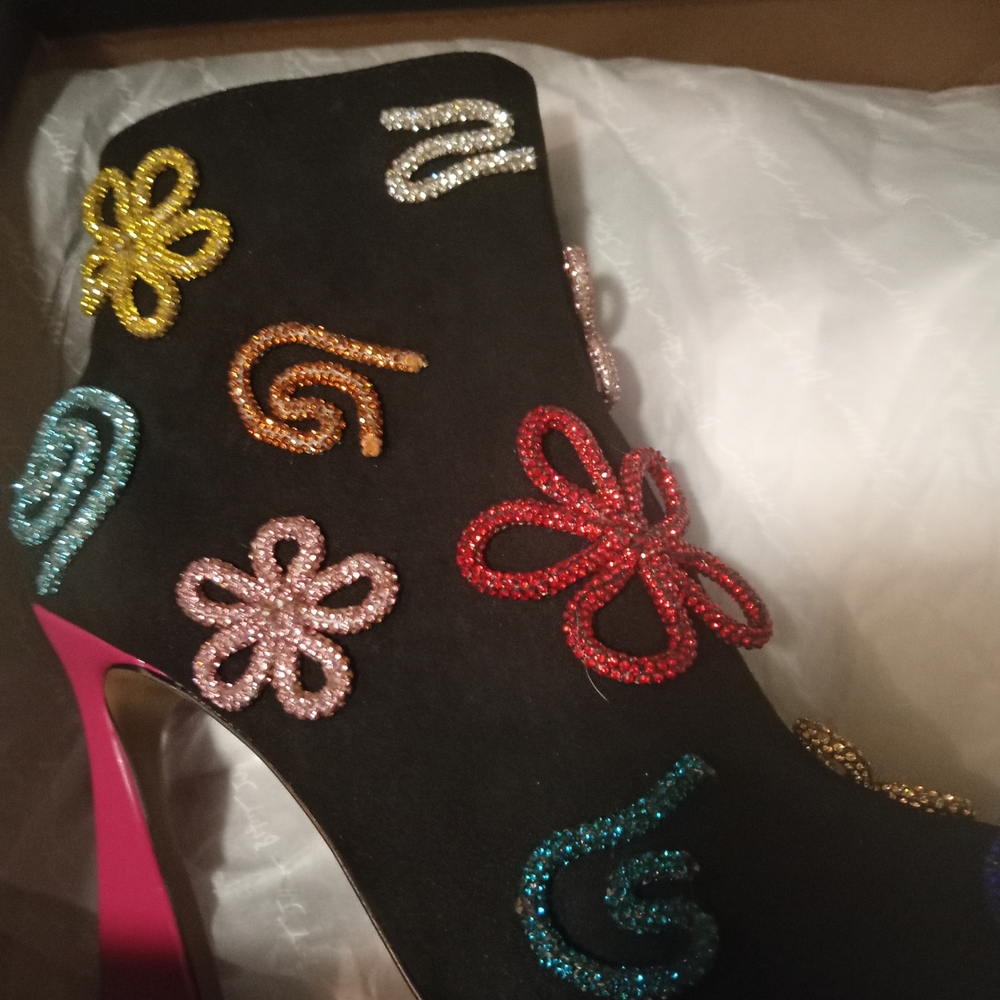 Betsey Johnson Black Heeled Boots with Multicolor Embellishments